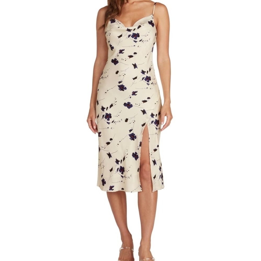 Willow Floral Midi Dress Medium Moonlight Cowl Neck Satin Slit Romantic NEW ~